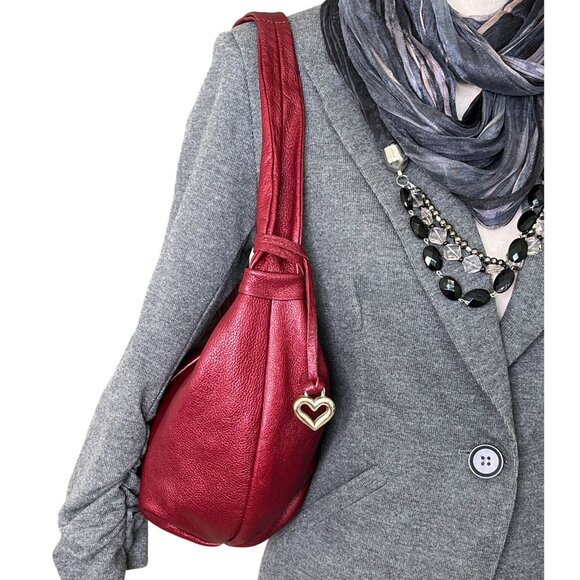 Brighton Burgundy Red Pebbled Leather Bow Shoulder Bag Silver Heart Charm Purse - Picture 4 of 12